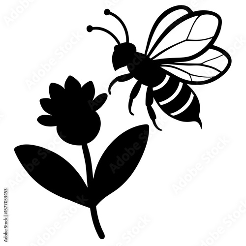 Black silhouette bee hovering near flower insect pollination