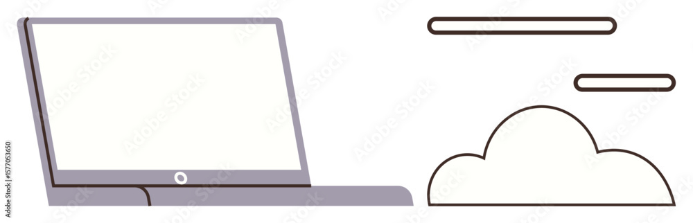 Obraz premium Minimalist laptop alongside abstract cloud and lines emphasizing connectivity, cloud storage, remote work, and digital evolution. Ideal for cloud computing, work, storage, communication, innovation