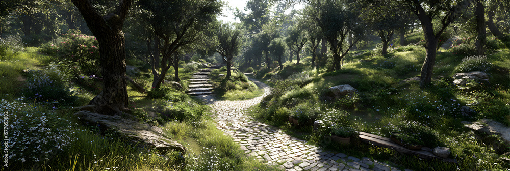 Sun-Flecked Stone Paths in a Tranquil Verdant Glade: An Idyllic Escape into Nature's Wonder Sun-Flecked Stone Paths in a Tranquil Verdant Glade: An Idyllic Escape into Nature's Wonder