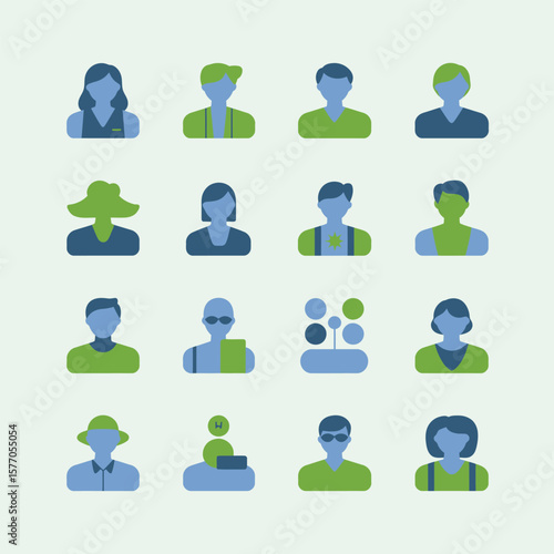 Collection of Sixteen Simple Flat User Icons in Blue and Green Hues Depicting Diverse Individuals with Various Attire and Accessories Against a Light Green Background