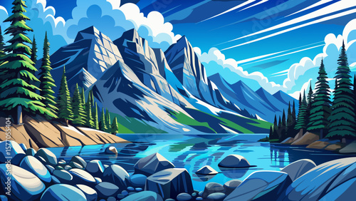 Panoramic view of Moraine Lake in Banff National Park, Alberta, Canada. Turquoise water, mountain peaks, evergreen forest, iconic travel destination, Canadian Rockies landscape