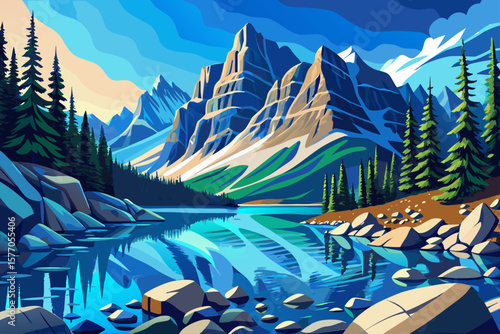 Panoramic view of Moraine Lake in Banff National Park, Alberta, Canada. Turquoise water, mountain peaks, evergreen forest, iconic travel destination, Canadian Rockies landscape
