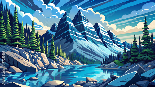 Panoramic view of Moraine Lake in Banff National Park, Alberta, Canada. Turquoise water, mountain peaks, evergreen forest, iconic travel destination, Canadian Rockies landscape