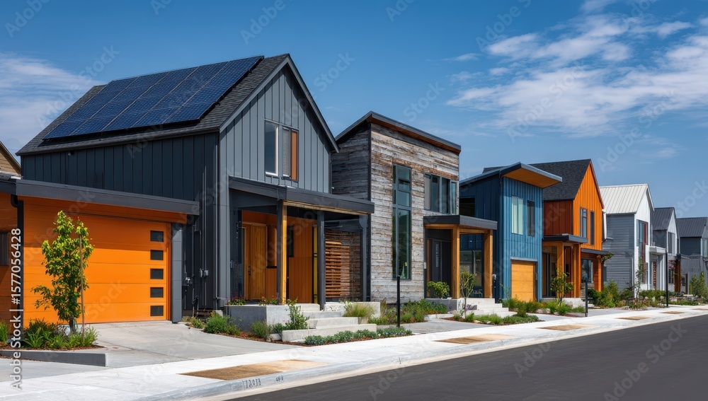 Vibrant photo of row of modern, new homes with solar panels on the roofs and energy-efficient features in an urban setting against a blue sky. The street is lined with low. Vibrant photo of row of modern, new homes with solar panels on the roofs and energy-efficient features in an urban setting against a blue sky. The street is lined with low.