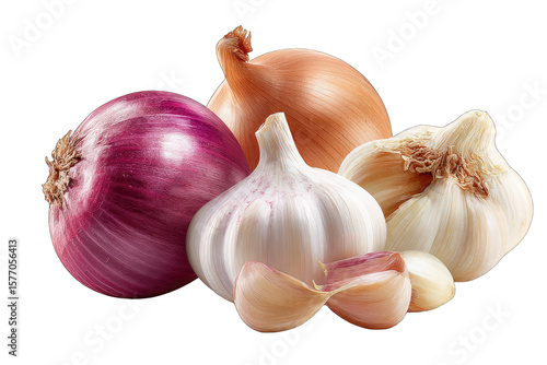Close-up of various bulbs; red onion, yellow onion, garlic heads