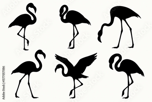 Set of five elegant flamingo silhouettes in various poses, perfect for tropical decor, wildlife art, and nature designs. Ideal for prints, logos, and beach-themed projects with a minimalist, graceful 