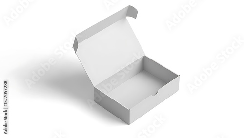 A simple white cardboard box with the lid open on a white background casting a soft shadow to the left