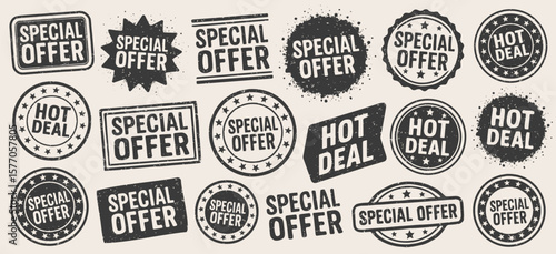 Special Offer retro grunge stamp vector set. Hot Deal vintage Rubber Stamp template collection. Special offer stamp pack. Seal hot deal. Vector illustration image. Isolated one white background.