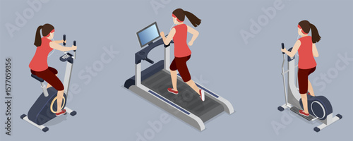 Young woman in fitness gym set. Girl in sportswear do cardio training with sports equipment. Sportswomen do exercise at workout. 3d flat isometric vector illustration. Part 1.
