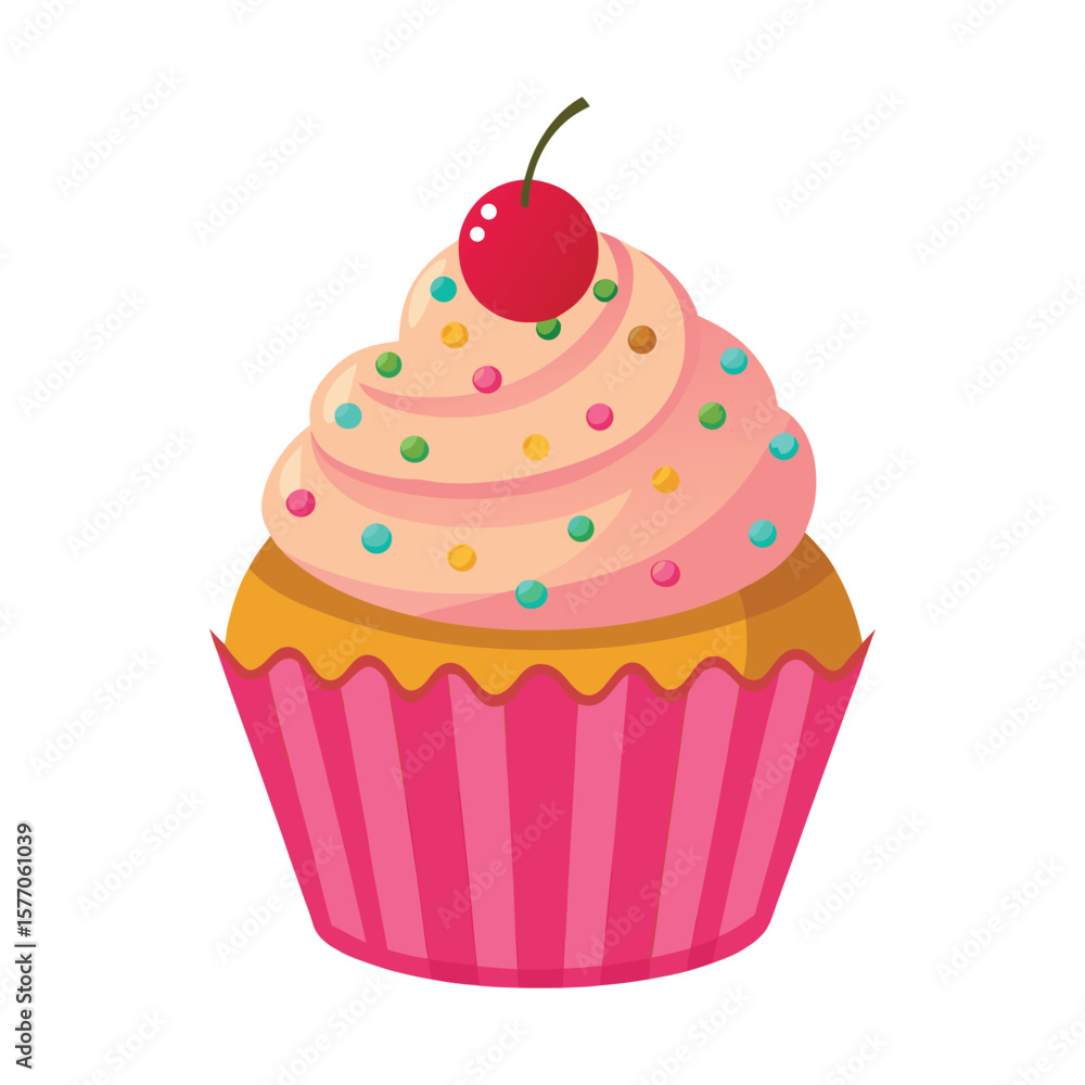 Deliciously decorated pink swirl frosted cupcake with cherry and sprinkles Deliciously decorated pink swirl frosted cupcake with cherry and sprinkles