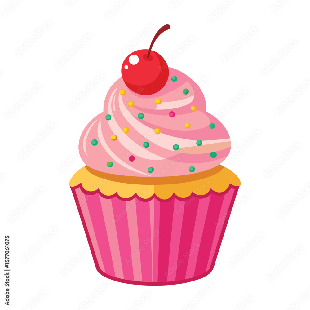 Delicious pink frosted cupcake with cherry and sprinkles isolated on white Delicious pink frosted cupcake with cherry and sprinkles isolated on white