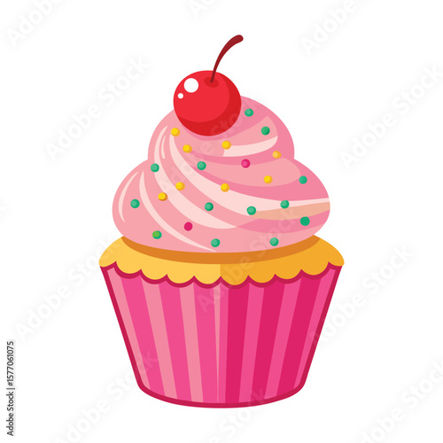 Delicious pink frosted cupcake with cherry and sprinkles isolated on white