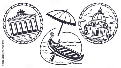 Discover italy travel destinations with architecture, gondola rides, and beach umbrellas in this design