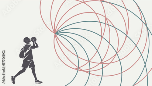 Basketball player silhouette throwing ball with circular trajectory vector illustration art