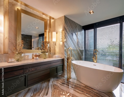 Luxury spa bathroom with marble walls, freestanding tub, gold fixtures, backlit mirror, and recessed ceiling lights