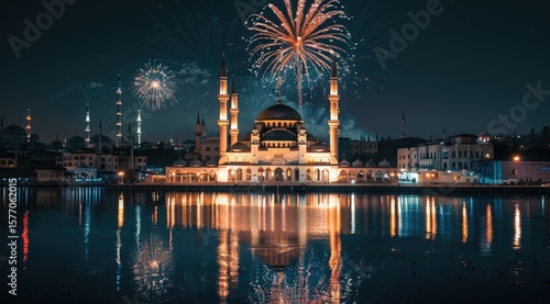 Grand Mosque Night Fireworks Celebration with Waterfront Reflections