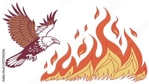 Eagle flying through fire flames vector illustration graphic design element clip art drawing image, 100 characters
