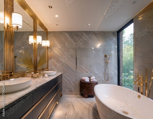 Luxury spa bathroom with marble walls, freestanding tub, gold fixtures, backlit mirror, and recessed ceiling lights