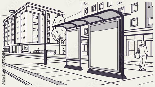 Illustration of city street scene with bus stop, advertising billboards, and pedestrian walking by building