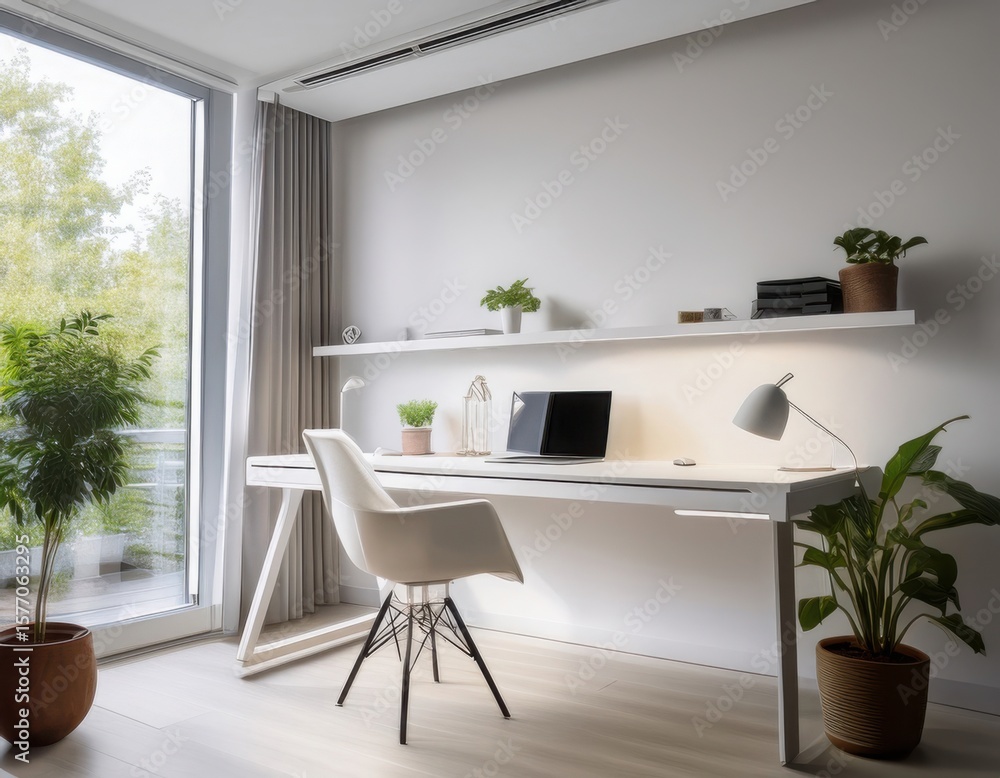 Fototapeta premium Minimalist home office with white walls, floating desk, hidden storage, and a single potted plant near a large window