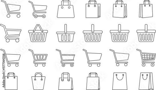 Vector art of a variety of shopping carts, bags, and baskets are depicted as simple line drawings, representing the act of shopping, isolated on white background