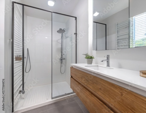 Minimalist white bathroom with hidden storage, vessel sink, frameless mirror, and floor-level walk-in shower