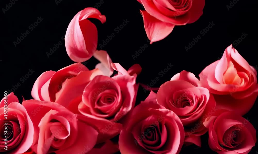 A captivating display of red roses falling down gracefully against a stark black backdrop creating contrast, A captivating display of red roses falling down gracefully against a stark black backdrop creating contrast,