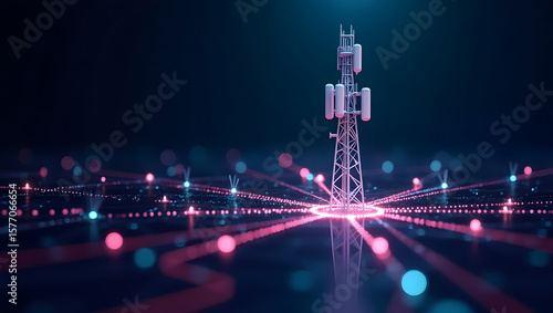 Futuristic 5G Cell Tower Surrounded by Digital Network Nodes and Data Streams