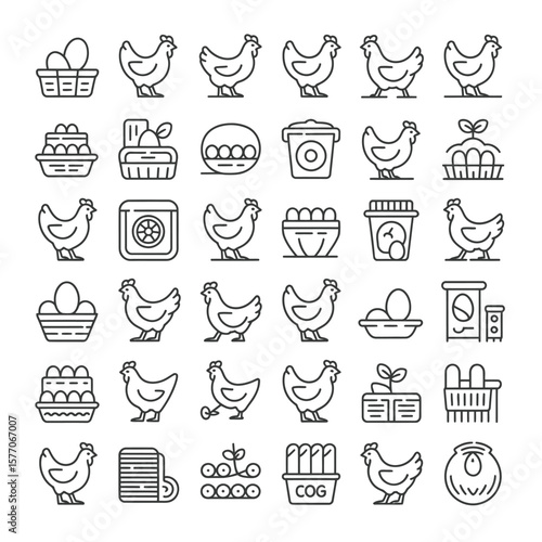 A Comprehensive Collection of Chicken and Egg Line Icons Depicting Various Stages of Production from Hen to Basket Including Farm Equipment and Packaging