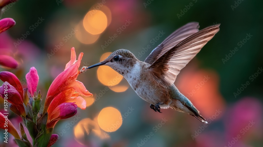 Fototapeta premium Hummingbird feeding on flower nature garden wildlife photography vibrant background close-up view beauty of nature
