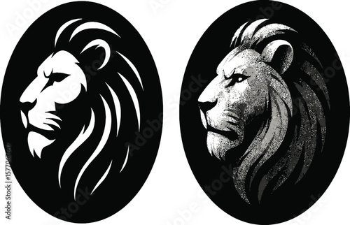 Dual Lion Head Icons in Graphic and Realistic Styles — Flat Illustration Comparing Stylized and Textured Interpretations of Strength and Courage