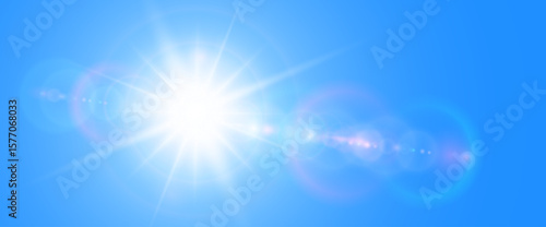 Sunny background, sun with lens flare on blue sky, hot weather concept, summer background illustration.