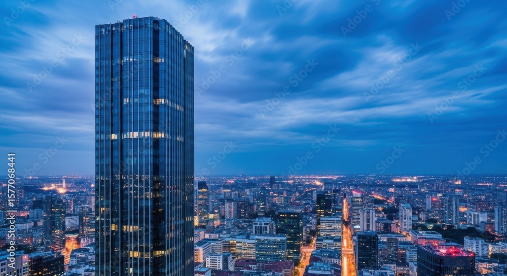 Modern glass skyscraper towering over a bustling city skyline at dusk Modern glass skyscraper towering over a bustling city skyline at dusk
