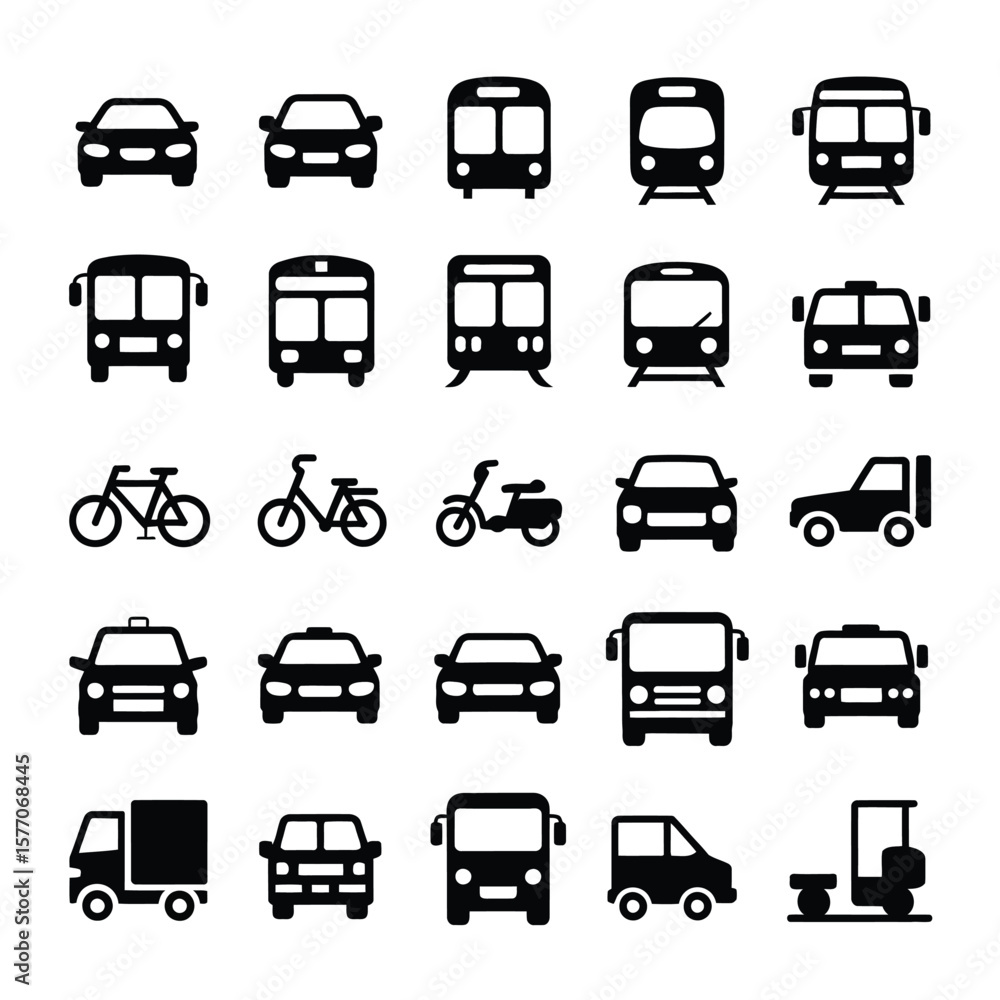Collection of Black and White Transportation Icons Depicting Cars Buses Trains Bikes Trucks and More Front View Simple Silhouettes Collection of Black and White Transportation Icons Depicting Cars Buses Trains Bikes Trucks and More Front View Simple Silhouettes