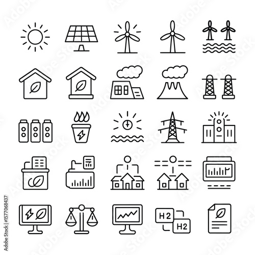 Collection of Black and White Line Icons Depicting Renewable and Non Renewable Energy Sources Power Generation Transmission and Consumption Smart Grid Technologies and