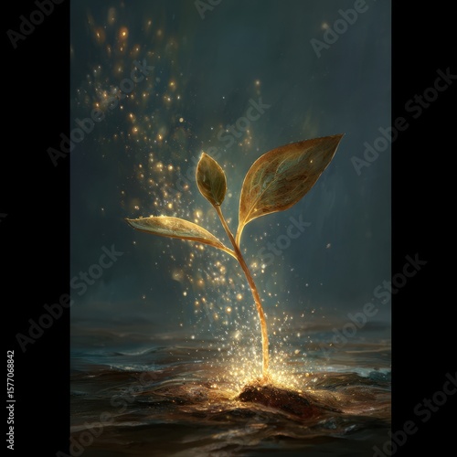 Vibrant photo of captivating scene of a seedling taking root within the contours of a soul, illuminated by a soft inner glow that reflects the inherent potential for growth.