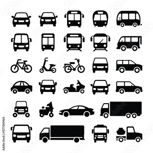 Collection of Black and White Vehicle Icons Including Cars Buses Trucks Motorcycles Bicycles and Vans Depicted in a Simple Front and Side View Style Against a White Background