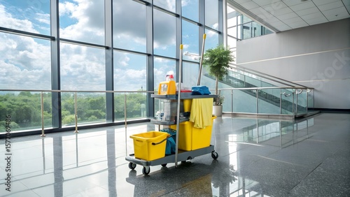 Bright interior of modern office space with cleaning service cart and cleaning supplies ready for efficient maintenance