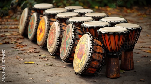 A row of cultural drums resting on the ground after a community performance 
