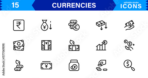Currency Icons Collection — Flat and Line Art Vector Set