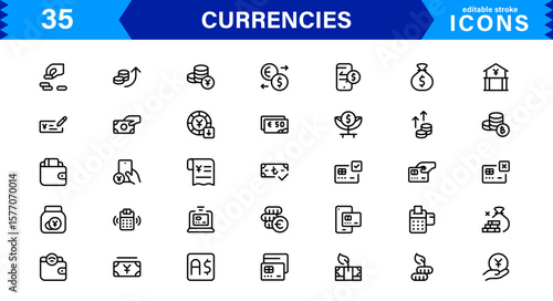 Currency Icons Collection — Flat and Line Art Vector Set