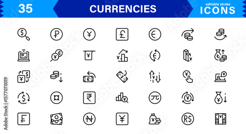 Currency Icons Collection — Flat and Line Art Vector Set