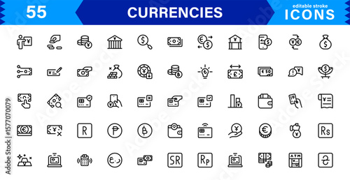 Currency Icons Collection — Flat and Line Art Vector Set