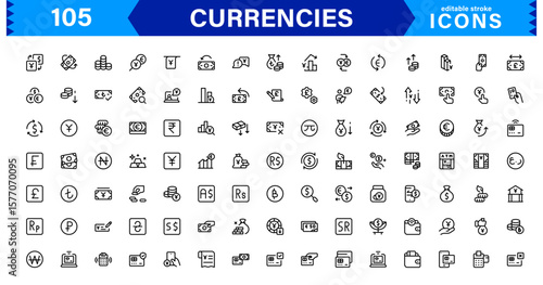 Currency Icons Collection — Flat and Line Art Vector Set