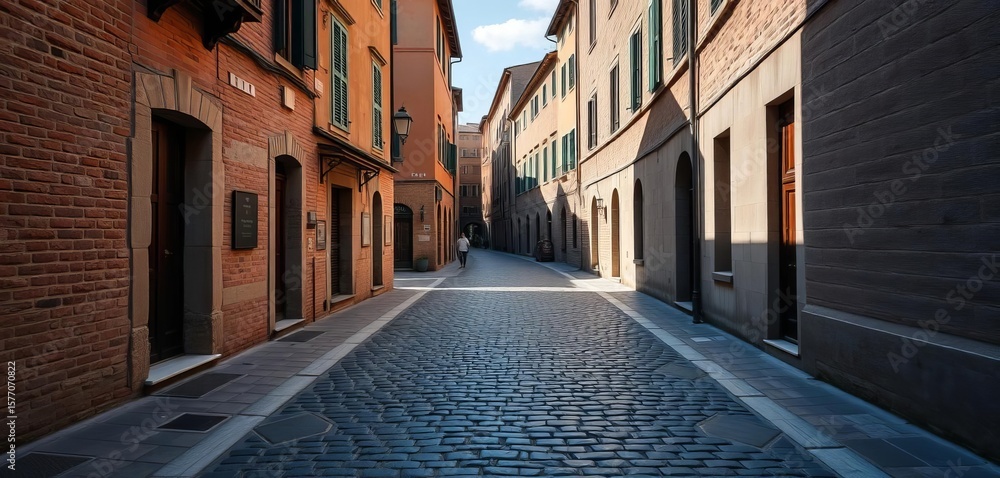 Fototapeta premium Cobblestone street, Verona, Italy, ancient buildings, sunlit alley, windows, alleyway