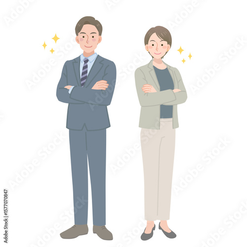 腕を組むスーツの男女