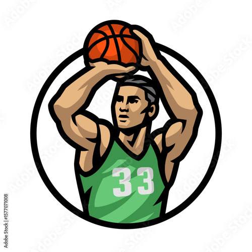 Logo of a basketball player with a ball in his hands.