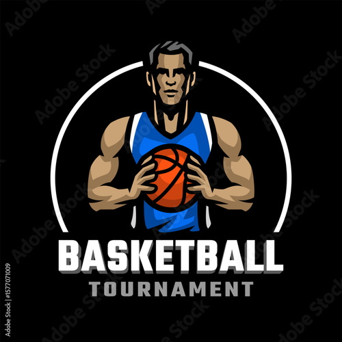 Logo of a basketball player with a ball in his hands on dark background.