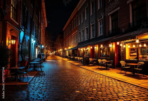 Fototapeta Naklejka Na Ścianę i Meble -  Cobblestone street, cafe lights, empty tables, night,  Belgium,  patio