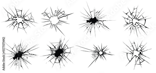 Set of glass crack with different types of damage on black background graphic isolated vector illustration.